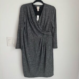 Chicos Knee Length Dress women’s L Stretch Grecian Moc Wrap Career Cocktail gray